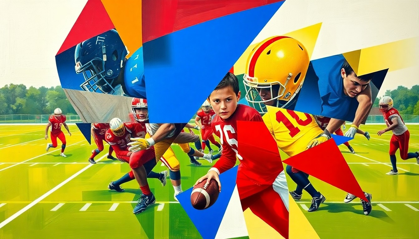A cubist, geometric painting depicting a high school football game, with the players and field broken down into fragmented, overlapping shapes in a vibrant color palette.