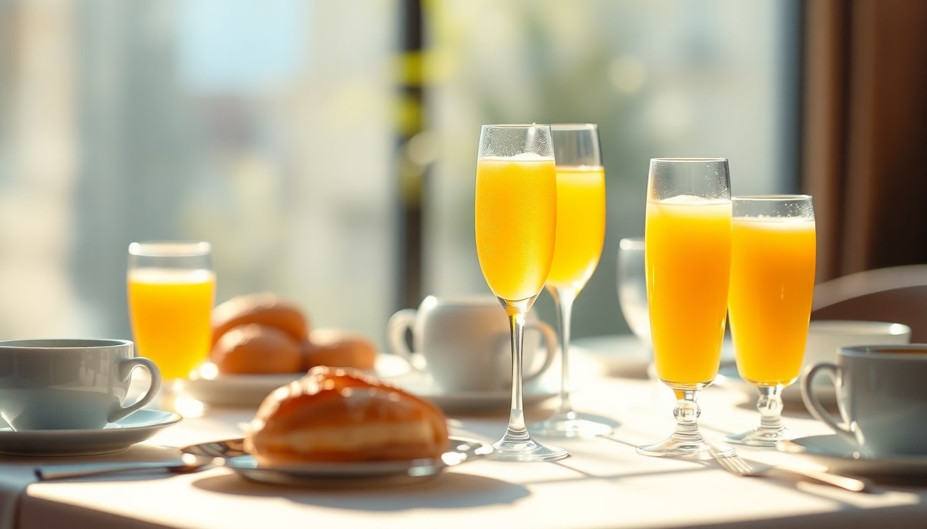 An extremely abstracted, out-of-focus photograph of a brunch table setting with mimosas, coffee, and pastries, composed entirely of soft pools of warm color and light.