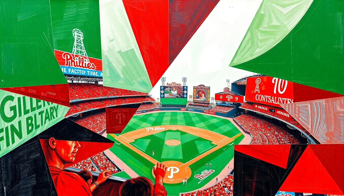 A cubist, geometric painting depicting a fragmented baseball game, with sharp planes of green, red, and white representing the field, players, and crowd, conceptually illustrating the Phillies' struggle to hit lefty pitchers.