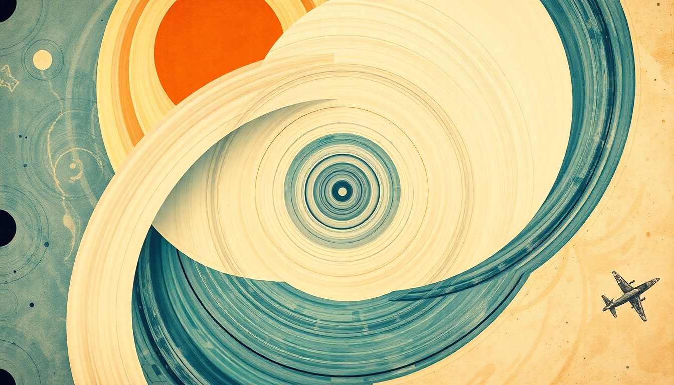 A highly structured abstract painting in soft, flat colors depicting sweeping geometric arcs, concentric planetary circles, and precise botanical spirals, representing the complex forces and concepts of the Artemis II space mission.