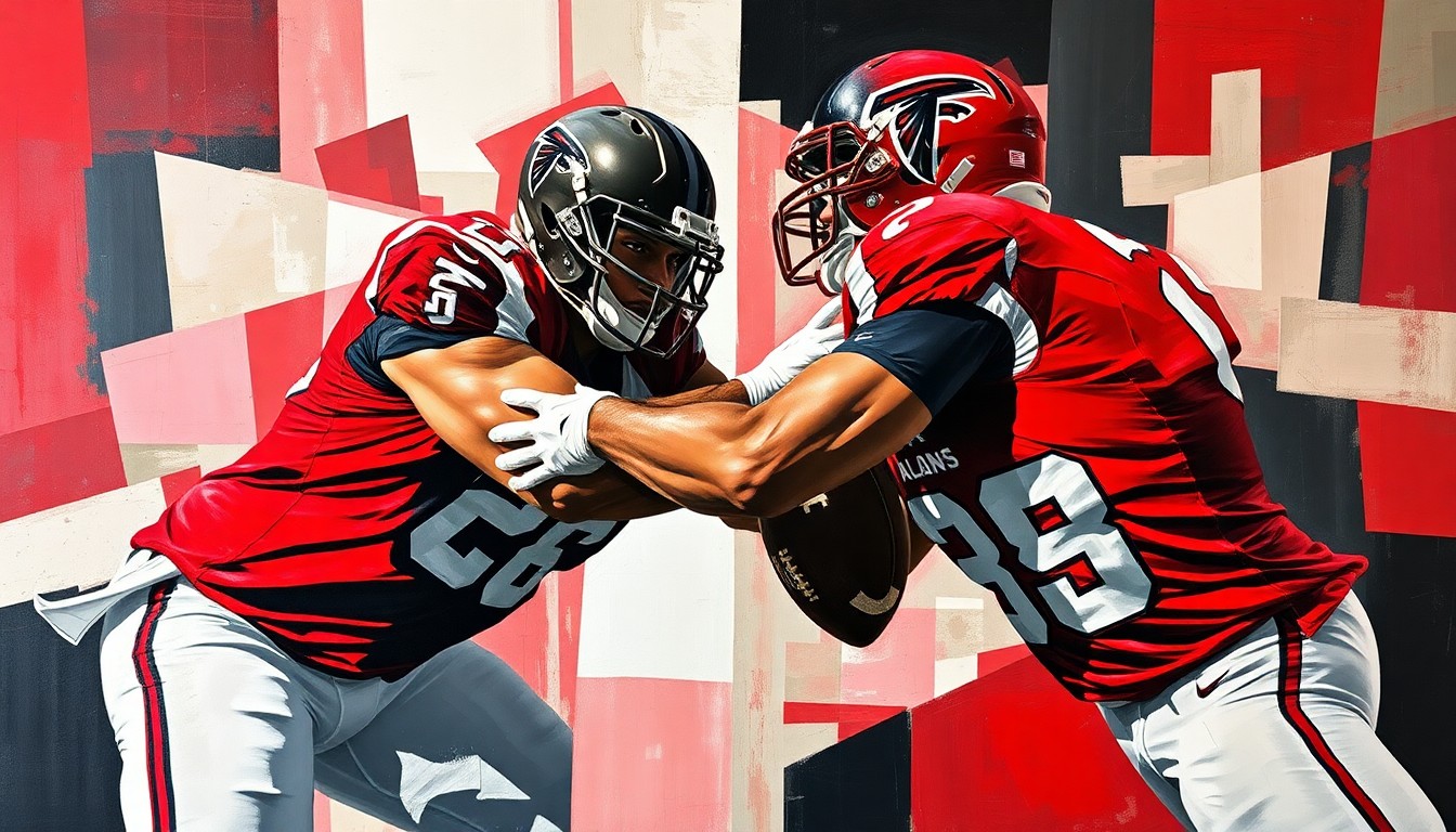 A cubist, fragmented painting depicting the geometric forms and planes of an NFL offensive lineman in motion, with the dominant colors of the Atlanta Falcons' uniform.