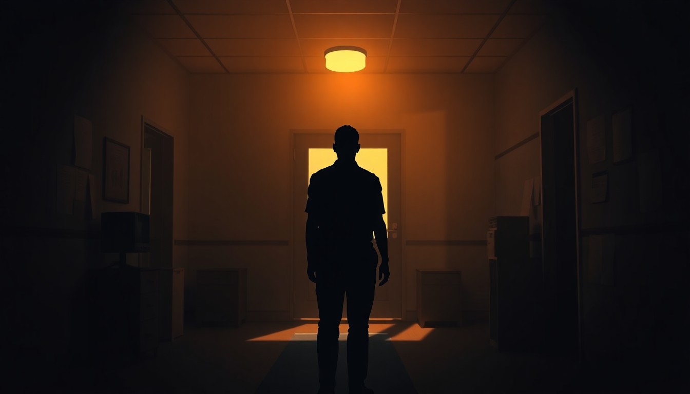 A cinematic painting of a lone figure standing in a sparsely furnished government office, the subject's face obscured in shadow while warm light streams in through a window, creating a sense of isolation and bureaucratic purgatory.