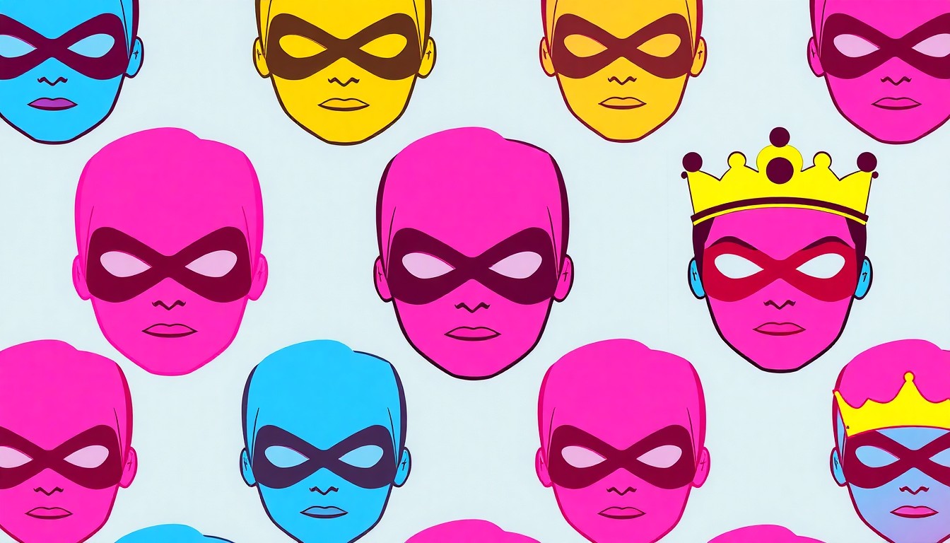 A bold, colorful grid of stylized superhero masks and princess crowns, capturing the playful energy and creative spirit of the family-friendly event.