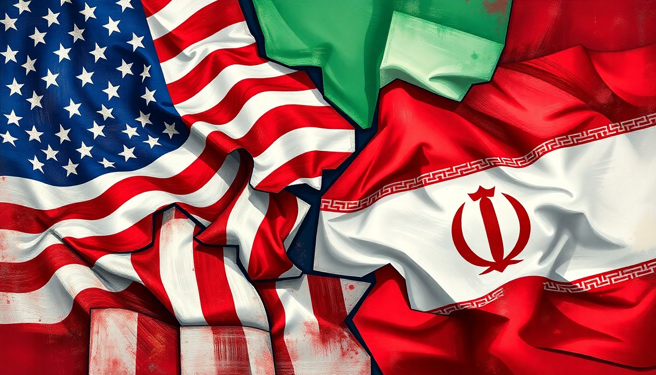 An abstract, fragmented painting featuring the colors and shapes of the American and Iranian flags, conveying the complex and turbulent relationship between the two nations.