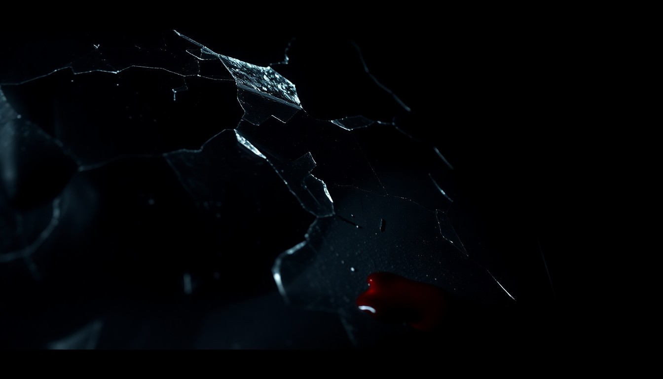 An extreme close-up photograph of a shattered car windshield with a single drop of blood, captured in harsh, direct flash lighting against a pitch-black background, conceptually representing the violence and tragedy of the crime.