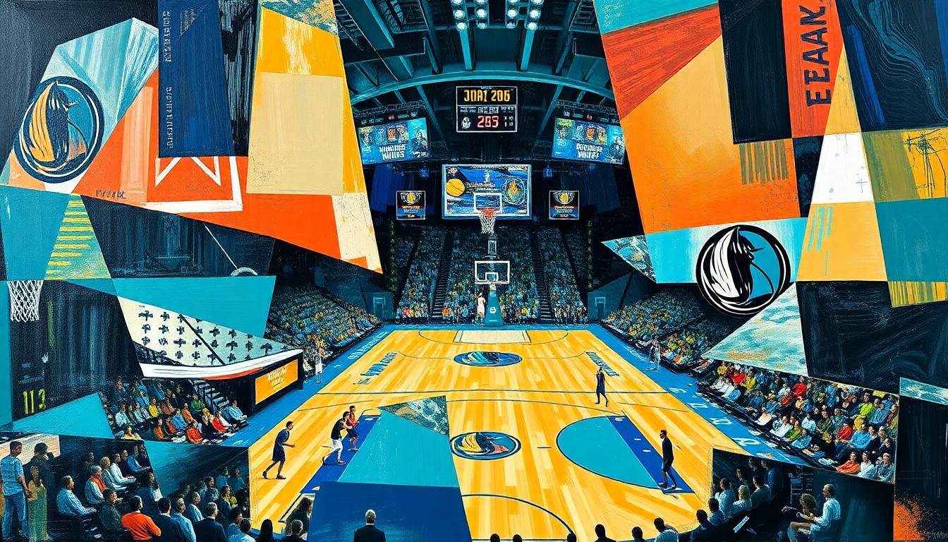 A cubist-style painting depicting a basketball game, with the players and court broken down into sharp, overlapping geometric shapes and planes in a vibrant color palette, conveying the dynamic nature of the Rookie of the Year competition.