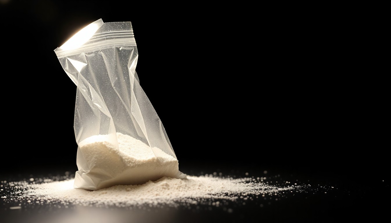 An extreme close-up of a small plastic bag containing a white powdery substance, dramatically lit by a harsh flash against a dark background, conceptually representing the seizure of illicit drugs.