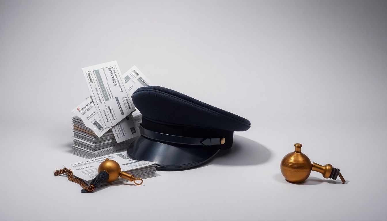 A minimalist studio still life photograph featuring a stack of train tickets, a conductor's hat, and a brass train whistle arranged on a clean, monochromatic background, symbolizing the high-stakes labor negotiations and potential commuter disruption surrounding the LIRR strike.