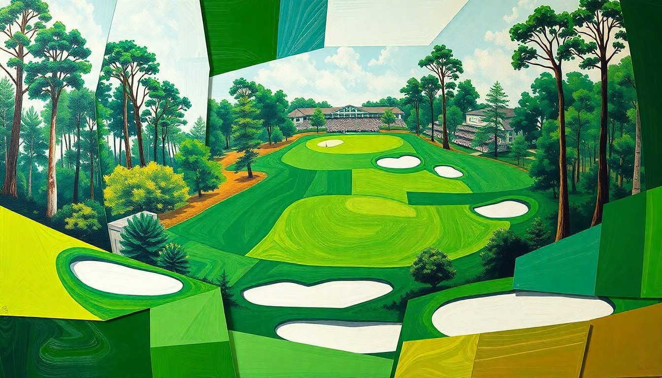 A cubist, geometric painting depicting the Augusta National golf course in a fragmented, multi-angled style, using the official Masters colors of green, white, and gold.