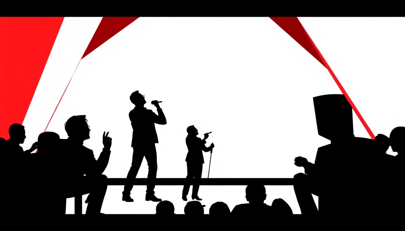 A dynamic, minimalist illustration featuring bold, geometric shapes in contrasting red and black, conceptually representing the excitement and unpredictability of a live sketch comedy performance.