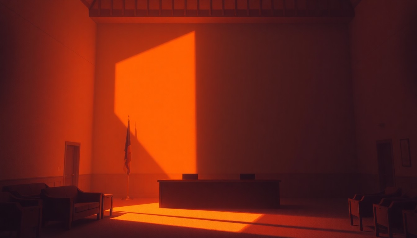 A dimly lit, cinematic painting of the Morgan Hill City Council Chamber, with warm sunlight streaming in through the windows and deep shadows cast across the room, conveying a sense of quiet contemplation and civic responsibility.
