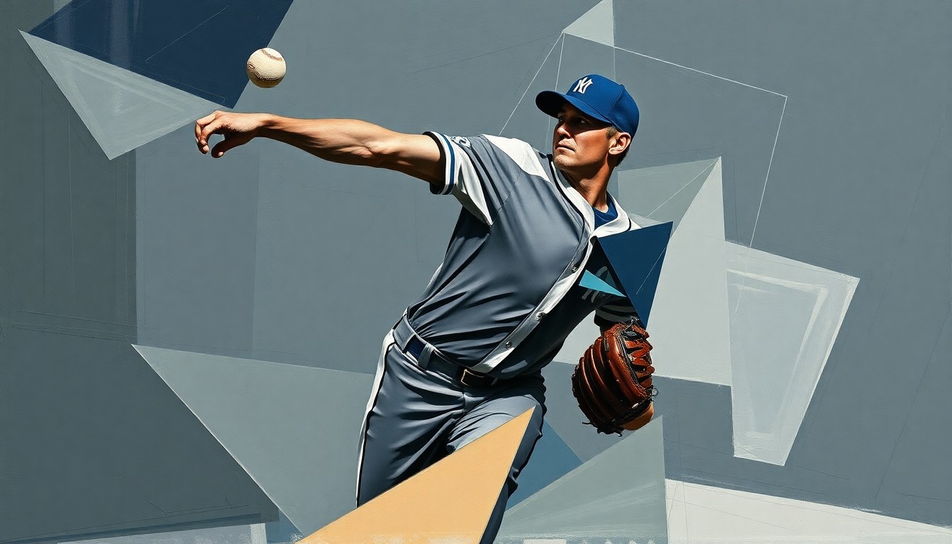 A cubist-style painting featuring fragmented, geometric shapes in shades of blue and gray, representing the motion and energy of a baseball pitcher's throwing motion.