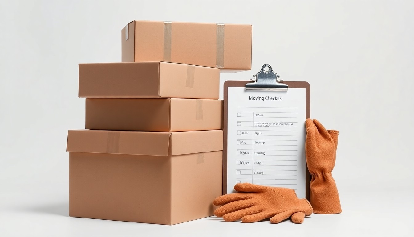 A high-end, photorealistic studio still-life photograph featuring a stack of neatly packed moving boxes, a clipboard with a checklist, and a pair of work gloves arranged elegantly on a clean, white background, conceptually representing the precision and care of the Piece of Cake Moving experience.