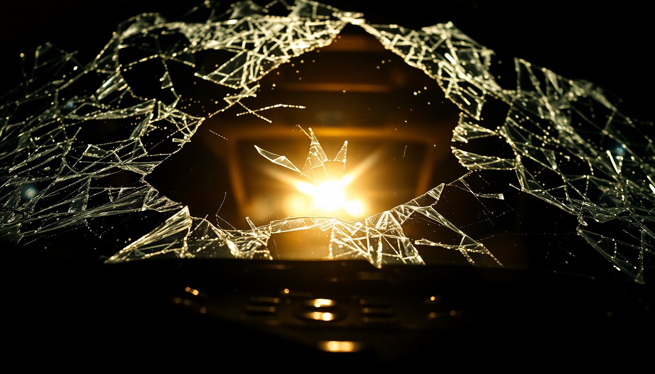 An extreme close-up photograph of a shattered car windshield reflecting the harsh glare of a camera flash, conceptually illustrating the aftermath of a violent intersection collision.