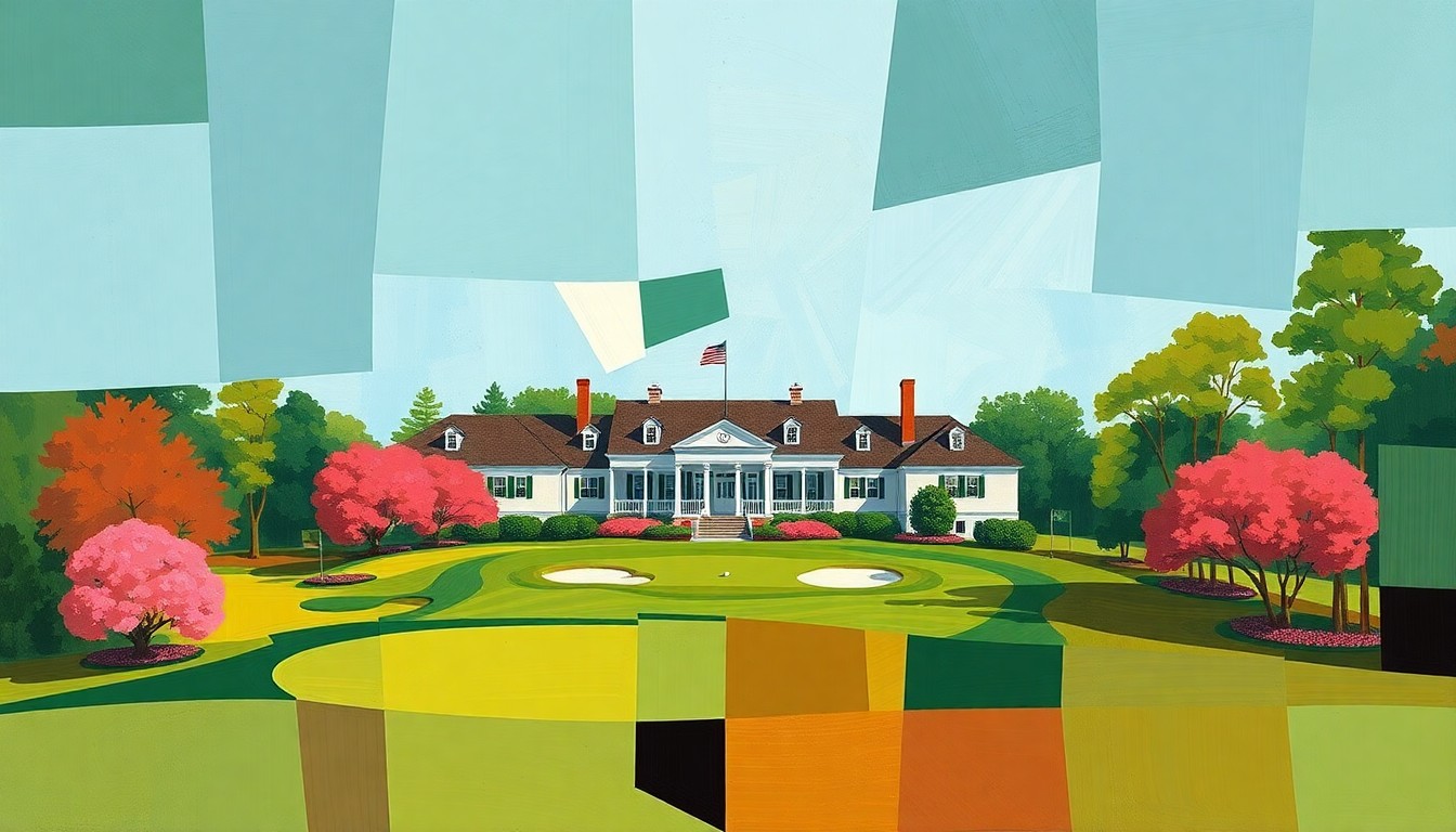 A fractured, multi-perspective painting depicting the iconic Augusta National Golf Club clubhouse and surrounding grounds, broken down into sharp, overlapping geometric planes in a palette of lush greens, warm browns, and bright azalea pinks.