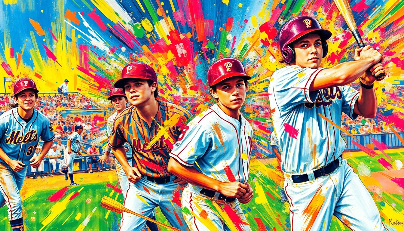 An abstract, energetic painting in neon colors depicting the intense action and movement of a high school baseball game, with players' forms dissolving into expressive brushstrokes.