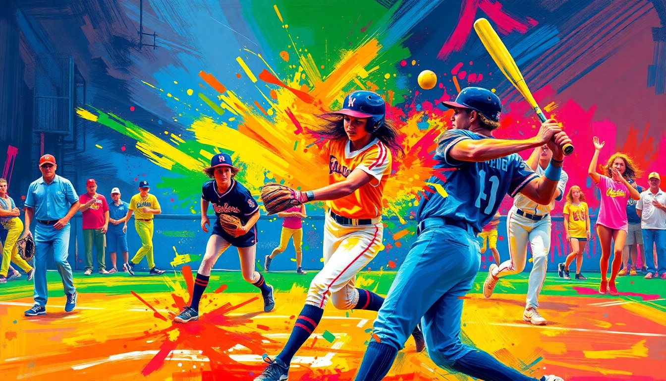 An abstract, expressionist painting in neon colors depicting the frenetic energy and emotion of a high school softball game, with players' forms dissolving into vibrant brushstrokes.