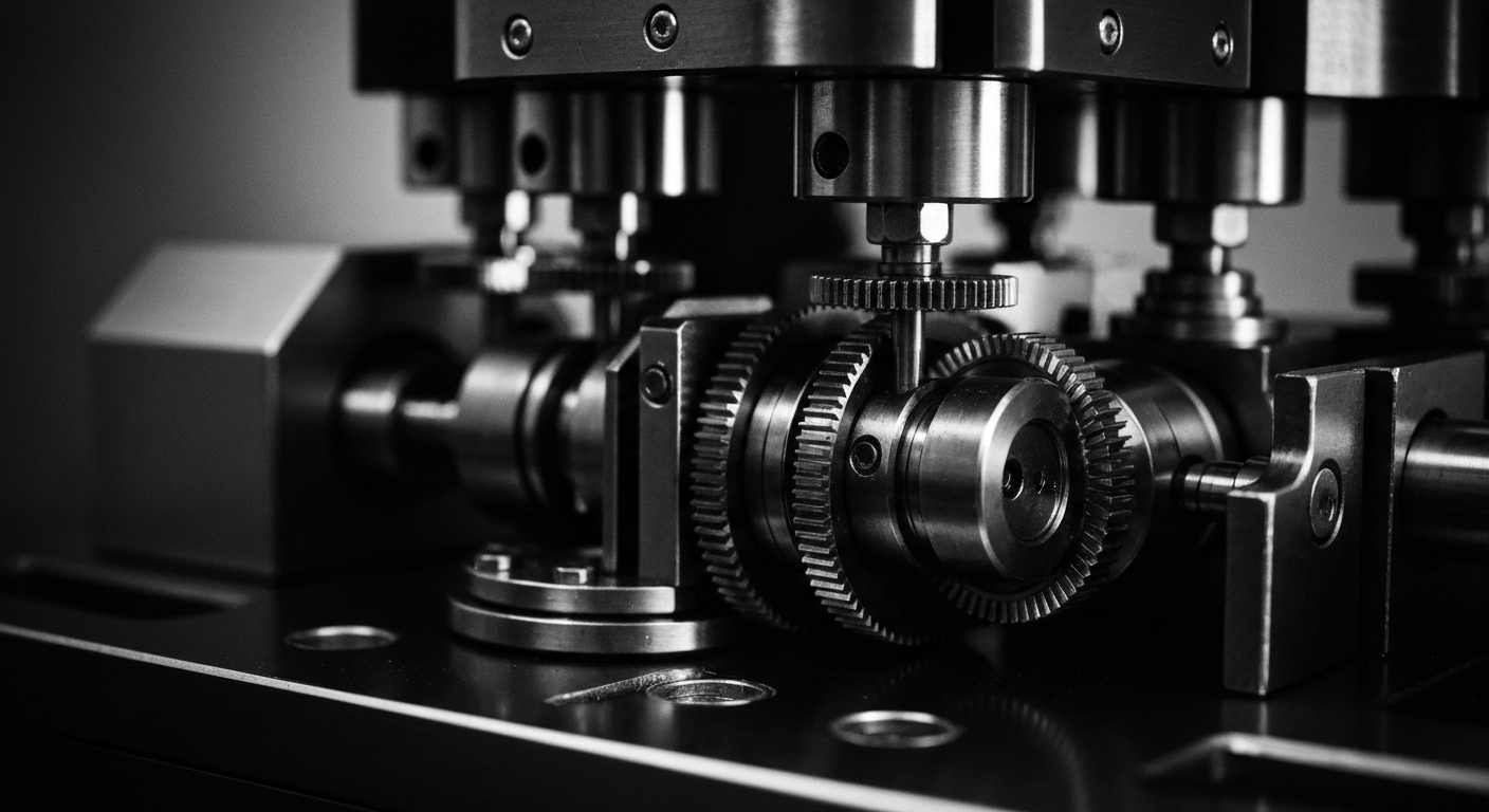 A high-contrast, black and white close-up image of the intricate inner mechanisms and machinery of a semiconductor testing device, conveying the technical precision and engineering expertise required in this industry.