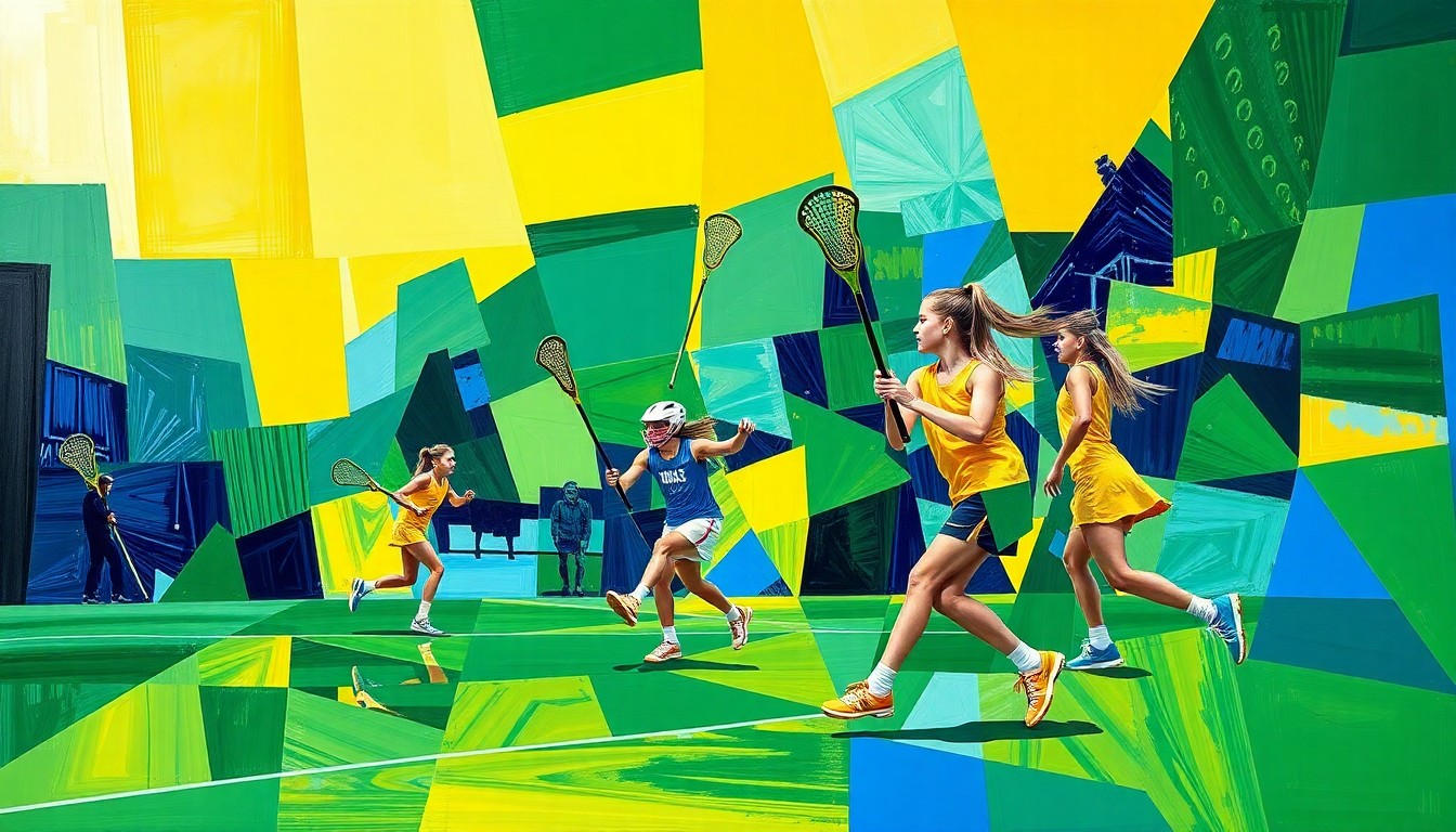 A fragmented, geometric painting depicting the overlapping perspectives and rapid action of a girls lacrosse game, with sharp planes of green, blue, and yellow.