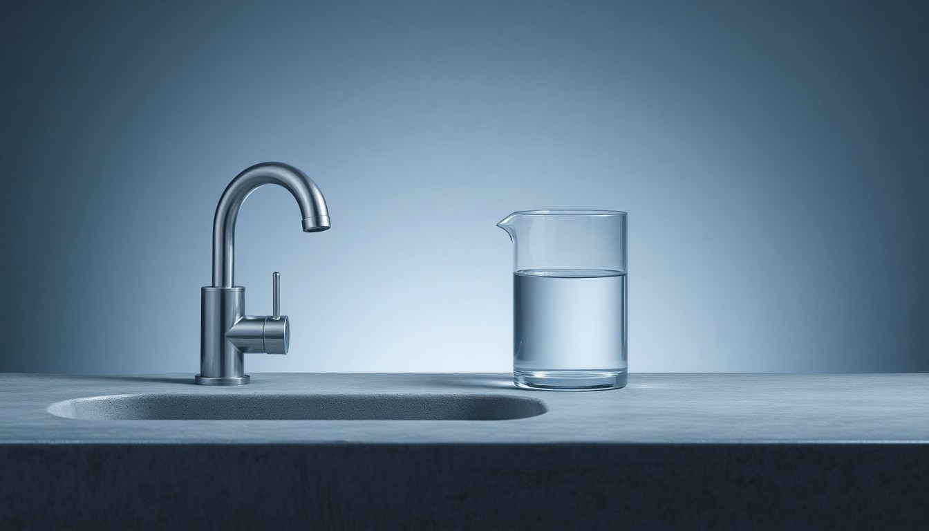A minimalist studio photograph featuring a sleek metal faucet and a glass beaker filled with clear water, symbolizing Zurn Elkay's focus on high-quality, environmentally-conscious water management products.