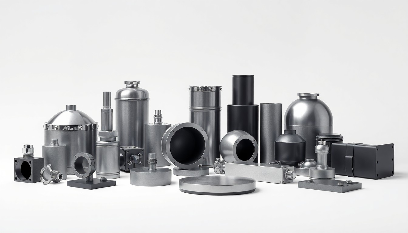 A photorealistic studio still-life featuring a collection of polished, geometric industrial objects in shades of gray, silver, and black floating on a clean white background, symbolizing the modern, efficient industrial real estate assets owned and operated by Terreno Realty.