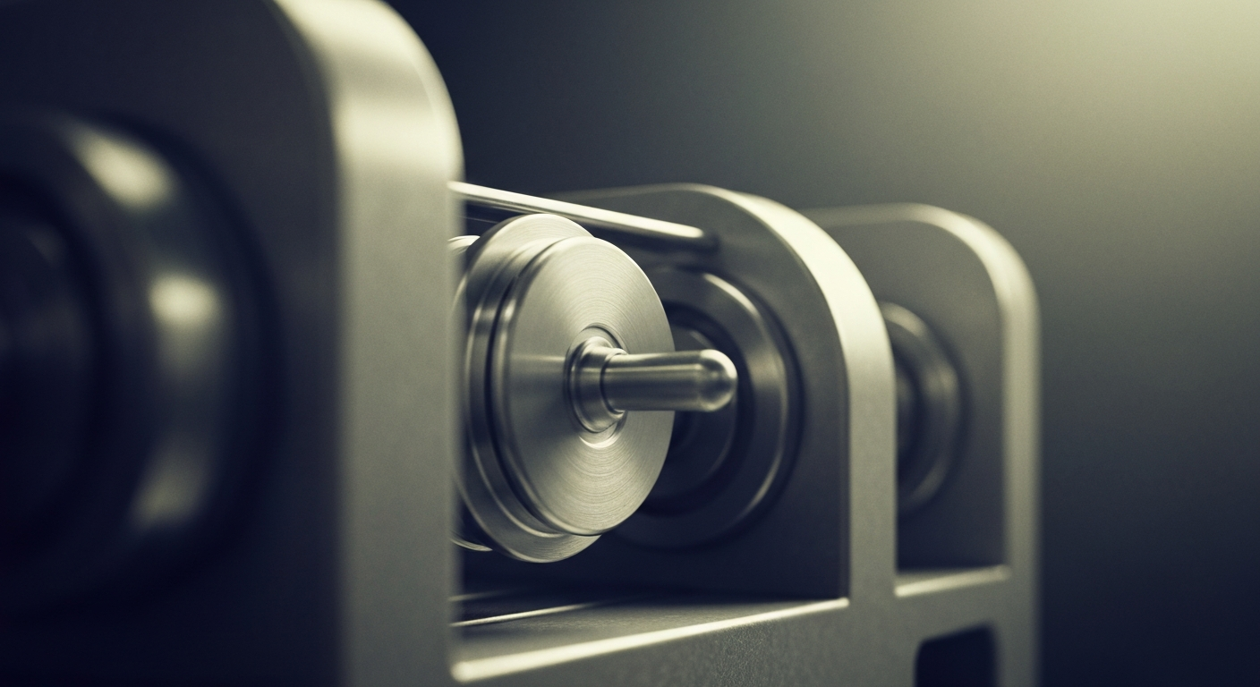 An extreme close-up of interlocking metal gears and machinery, representing the intricate financial infrastructure behind a SPAC's public listing.