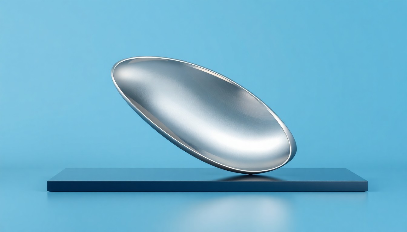 A minimalist, photorealistic studio still life featuring a sleek, geometric sculpture made of brushed aluminum and glass, symbolizing the convergence of healthcare, technology, and innovation.