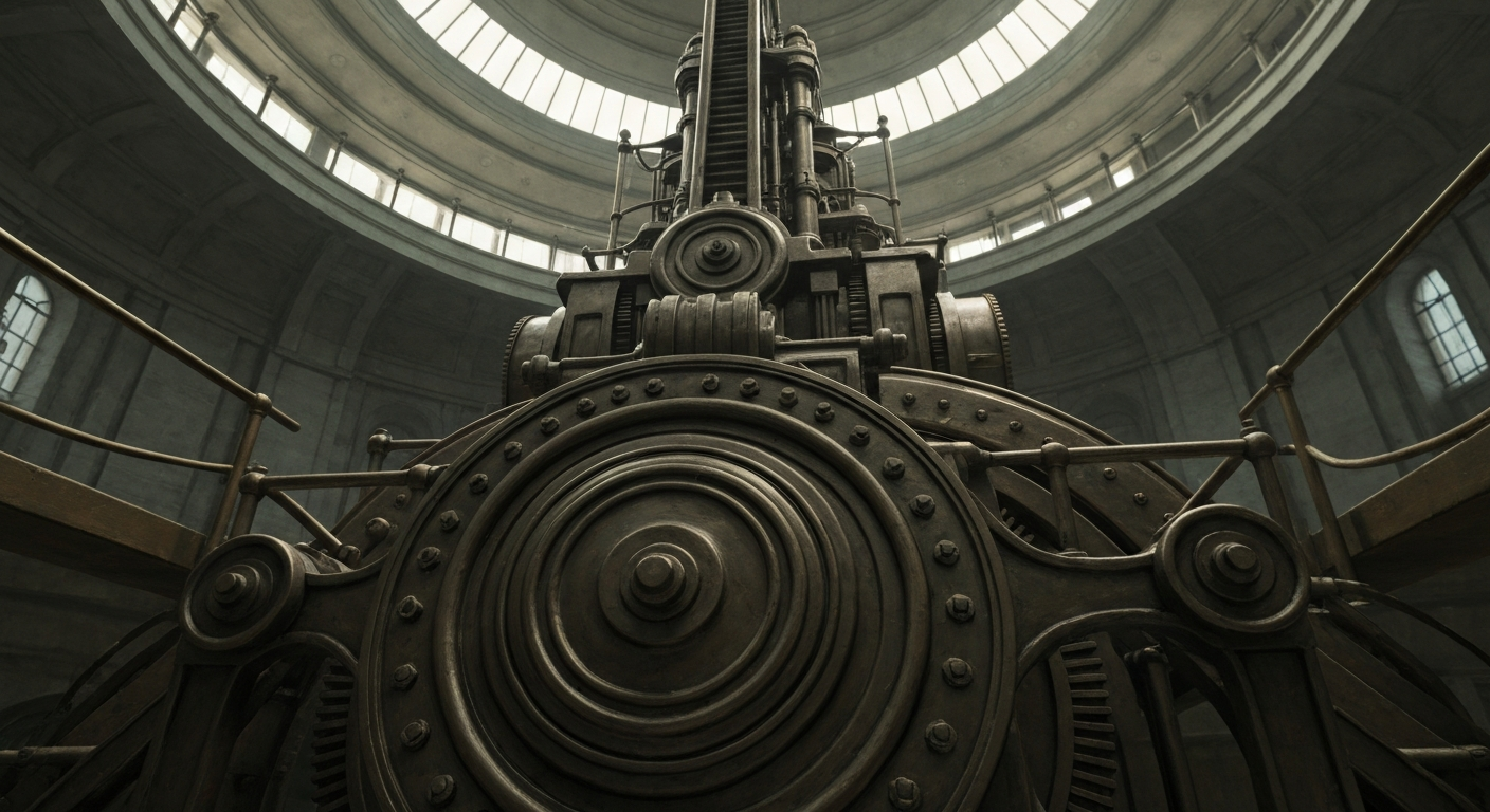 A highly detailed, macro-level view of the inner workings of a banking vault or financial trading system, with a focus on the heavy, industrial components that enable the flow of capital without using any literal currency or market symbols.