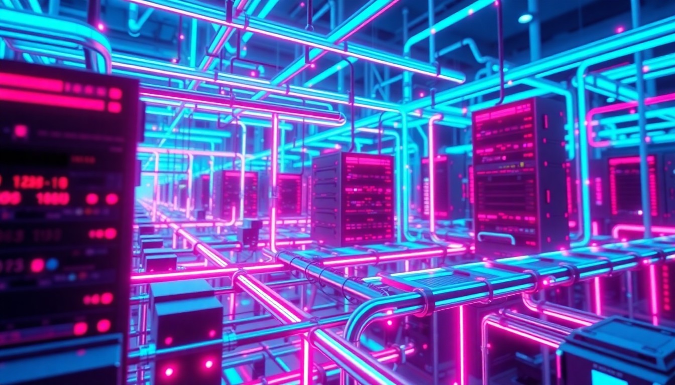 A highly detailed, glowing 3D illustration of a complex network of interconnected data pipelines and servers, bathed in neon cyan and magenta lights, conceptually representing the technological sophistication required to manage the scale and complexity of modern telemetry data.