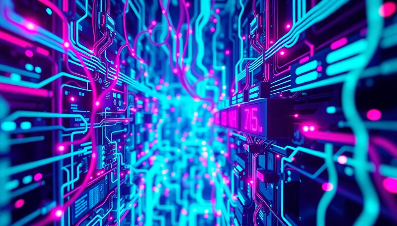 A highly detailed, glowing 3D macro illustration of a complex network of interconnected circuits, wires, and data streams in shades of neon cyan and magenta, conceptually representing the underlying digital infrastructure that powers critical systems and the need to address its vulnerabilities.