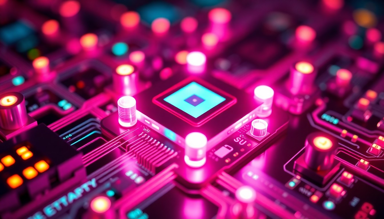 A highly detailed, 3D macro illustration of a glowing quantum computing processor or quantum sensing device, with intricate geometric structures illuminated by vibrant neon lights, conceptually representing the advanced quantum technologies developed by Infleqtion.