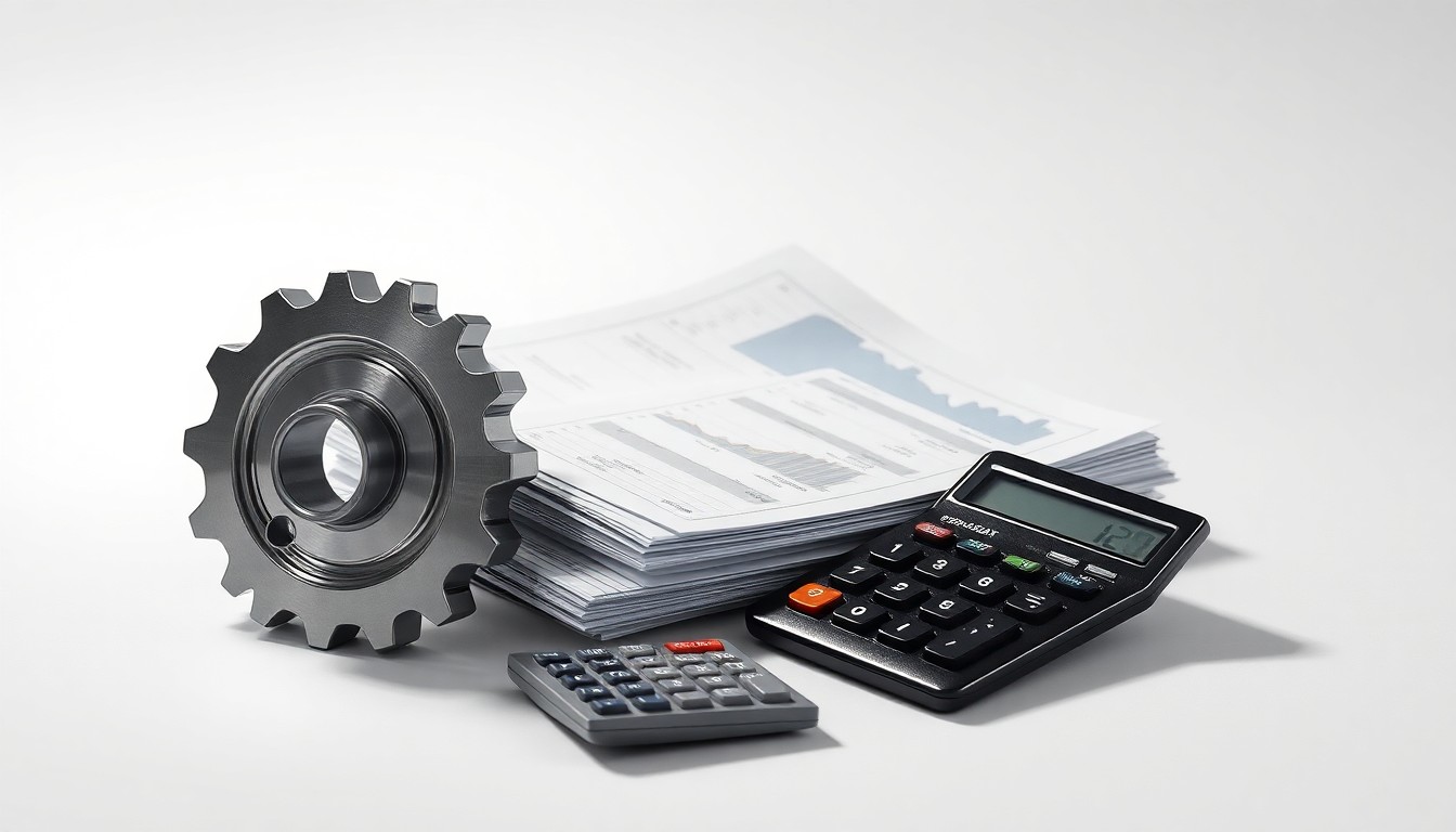 A photorealistic studio still life featuring a polished metal gear, a stack of financial reports, and a calculator arranged elegantly on a clean, white background, conceptually representing the precision and strategy of corporate finance.