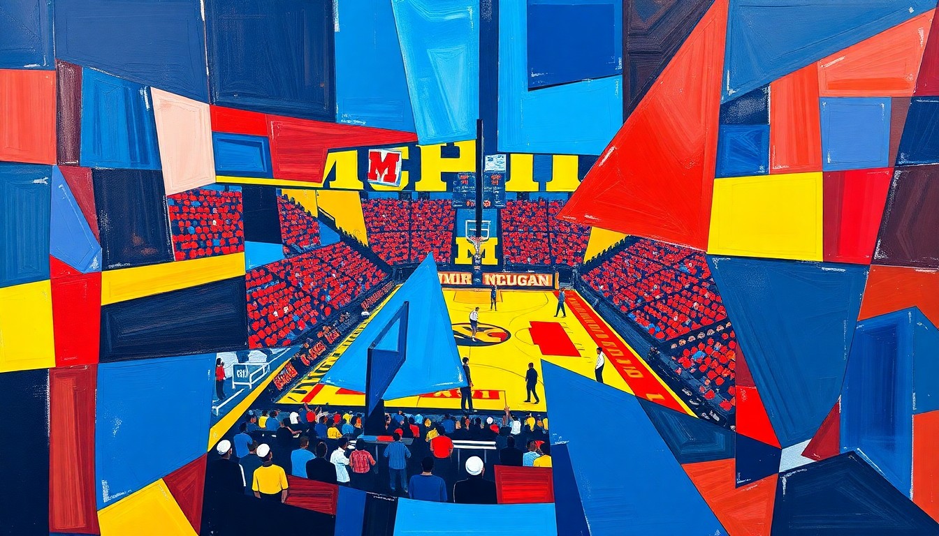 A fractured, geometric painting in bold blue, yellow, and red hues, capturing the dynamic energy and competitive spirit of a Michigan basketball game.