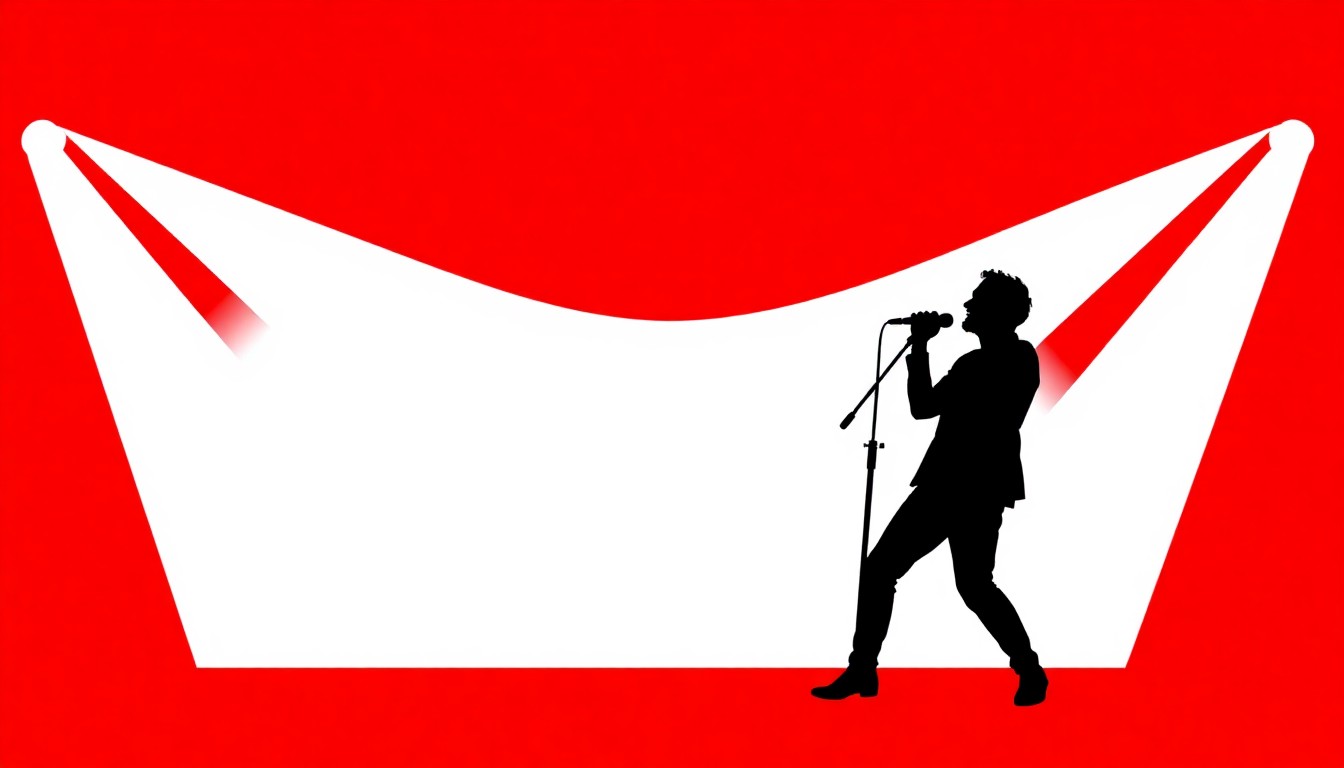 A minimalist, abstract illustration featuring two black silhouette figures of singers performing on a stage, set against a high-contrast background of solid red and white shapes, conceptually representing the legacy of the two iconic Atlantic County vocalists.