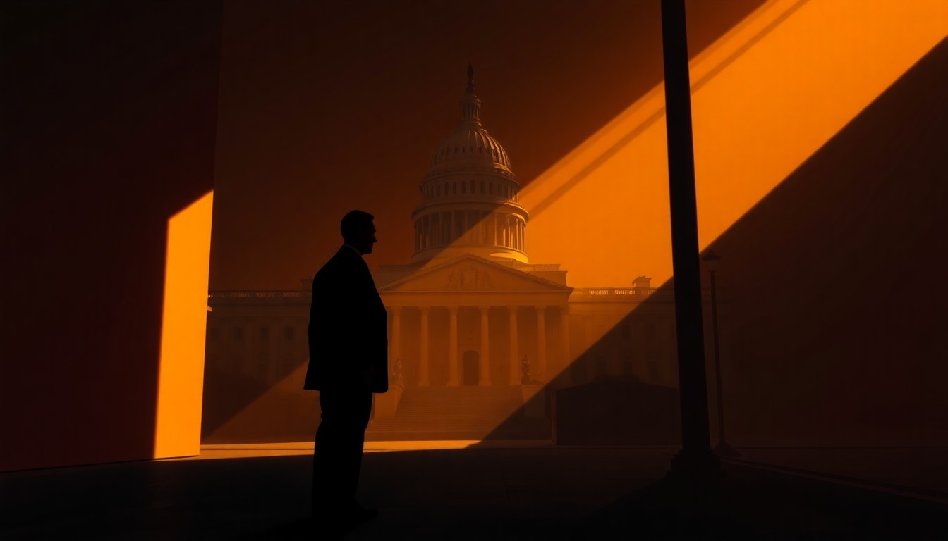 A serene, cinematic painting depicting a lone government building or political figure in soft, warm lighting, conveying a sense of contemplation and possibility amidst the shadows.