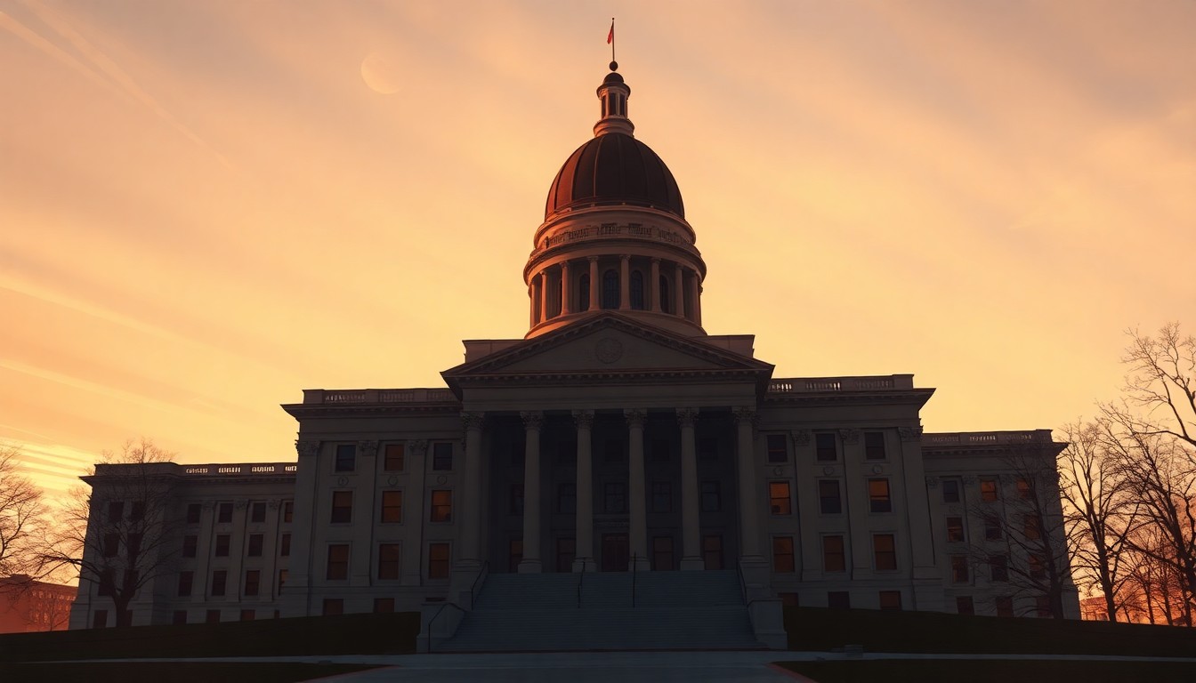 A cinematic painting of the Iowa state capitol building in warm, golden light, conveying a sense of civic pride and heritage.