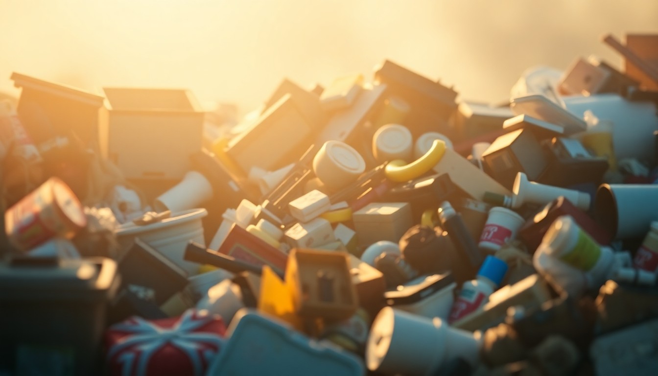 An abstract, out-of-focus photograph depicting a variety of household items and discarded objects in a warm, hazy light, conveying the concept of clutter and waste that the Osage County Free Dump Day aims to address.