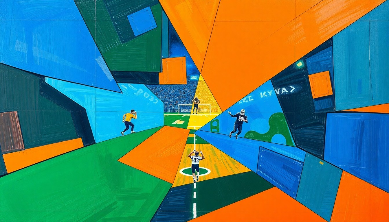 A fragmented, geometric painting depicting a football game or draft selection, with sharp planes of color representing the various elements and perspectives involved.