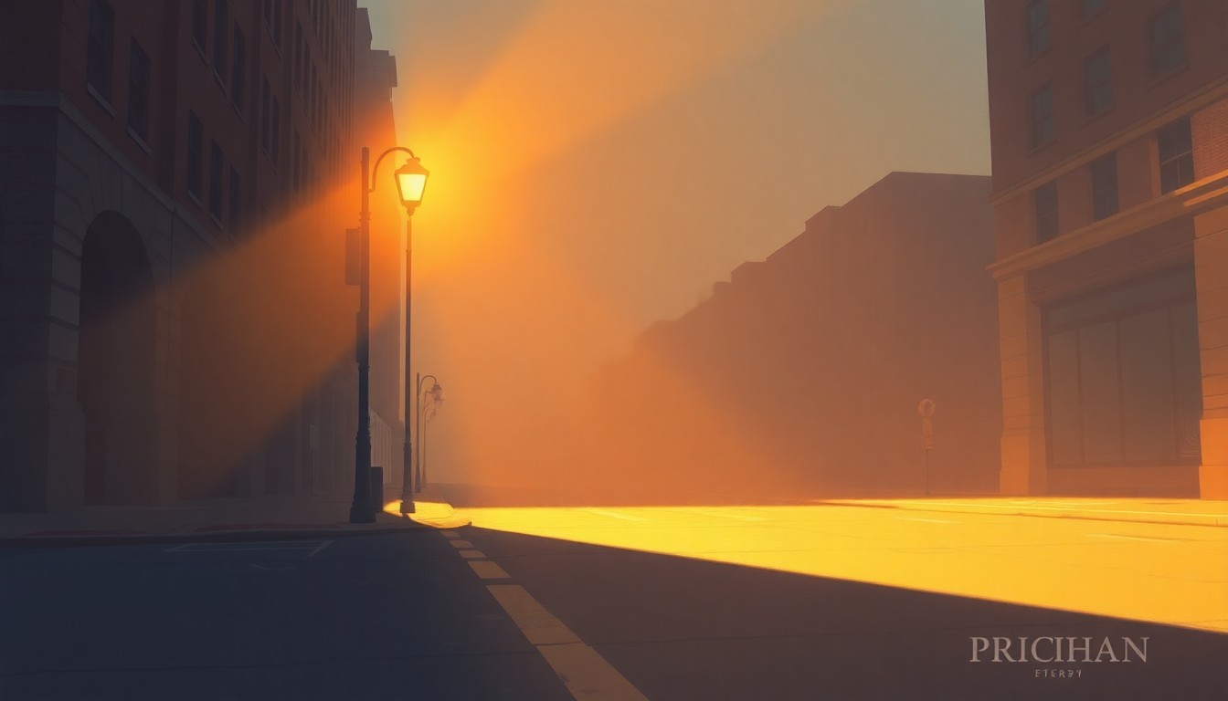 A serene, cinematic painting of a single city street lamp bathed in warm, diagonal sunlight and deep shadows, conveying a sense of financial uncertainty and challenge facing a growing urban center.