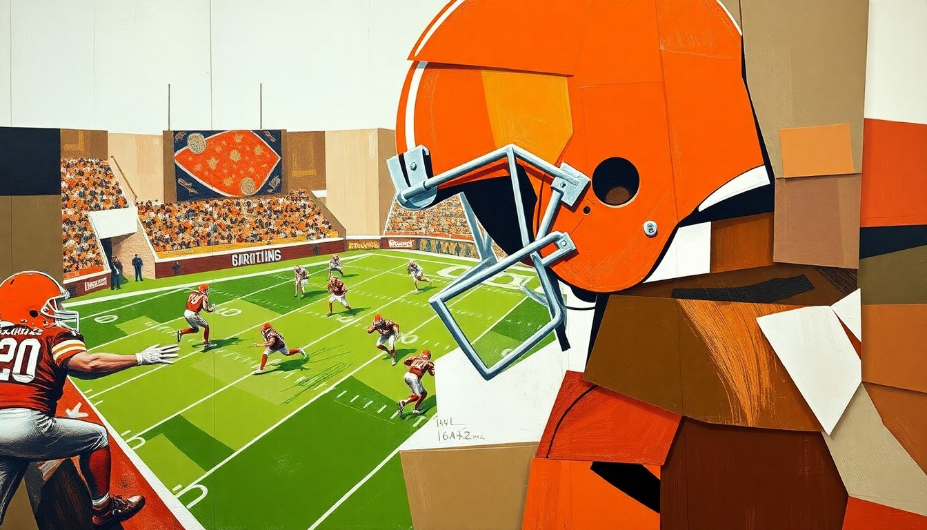 A fragmented, cubist-style painting depicting a football game or practice, with sharp geometric shapes in Browns colors representing the intense focus and discipline Monken aims to instill in his players.