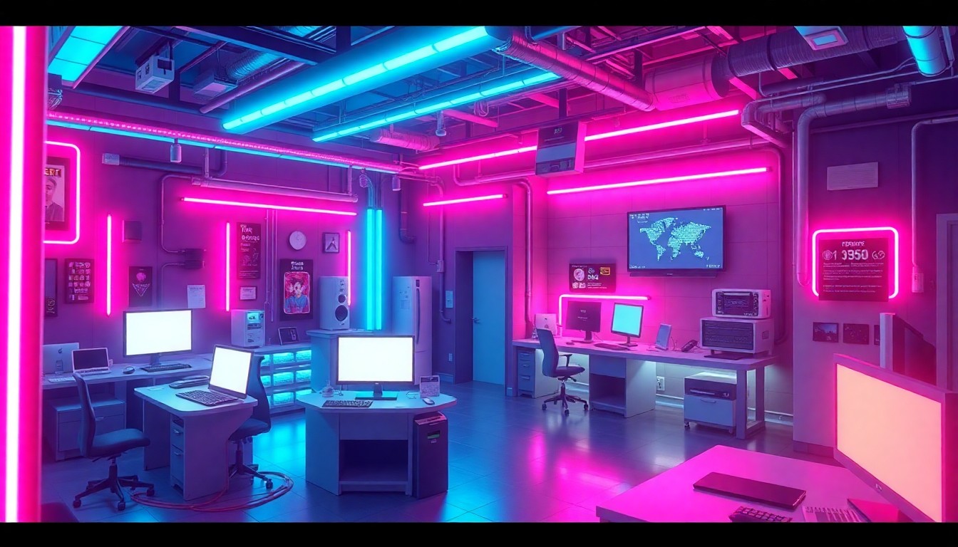 A highly detailed, glowing 3D illustration of a community technology hub, with various digital devices and infrastructure elements illuminated by neon cyan and magenta lights, conceptually representing how this tech lab will empower Plattsburgh's youth and families.