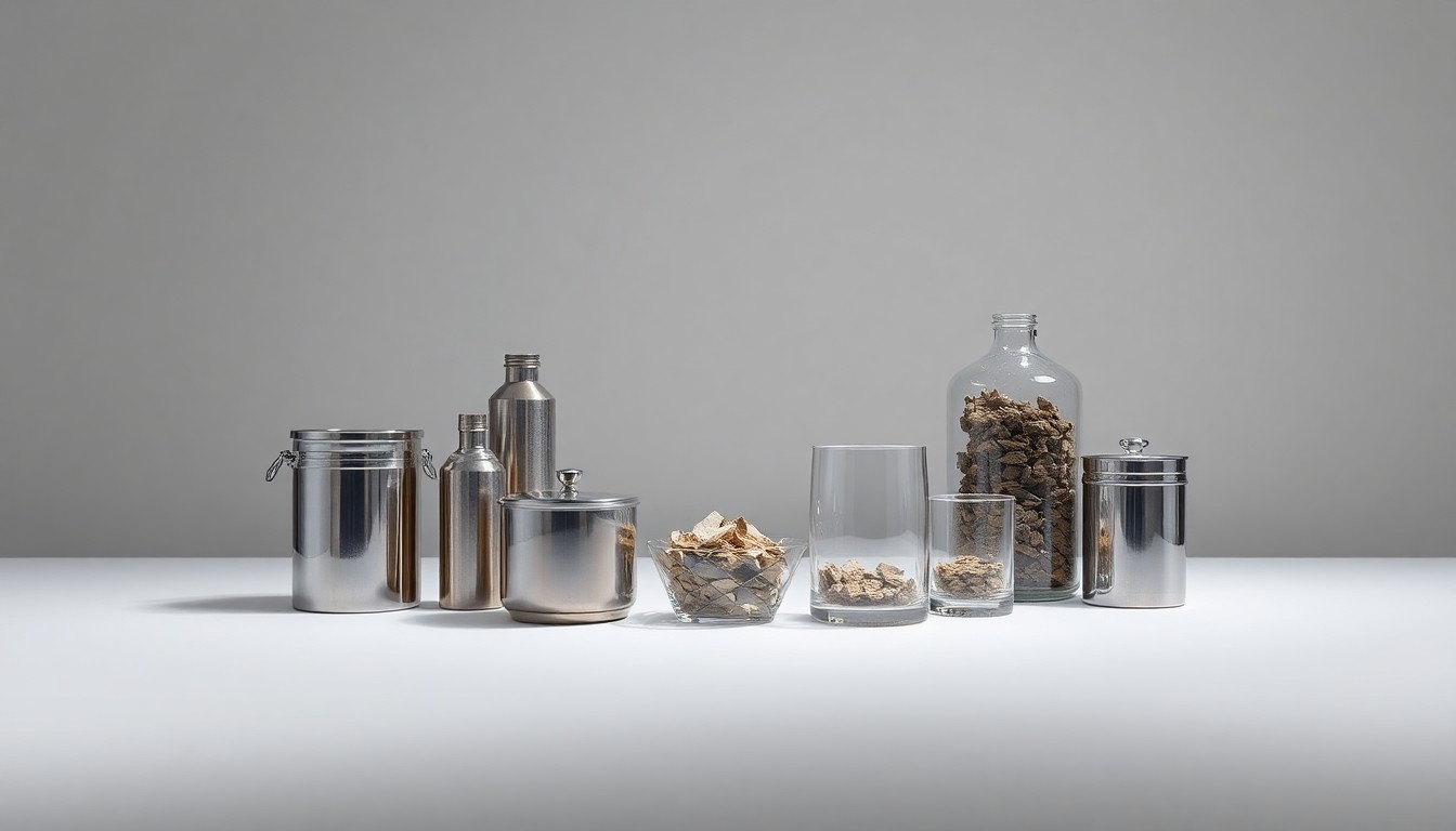 A high-end, photorealistic studio still-life photograph featuring a collection of premium, polished metal and glass objects arranged elegantly on a clean, monochromatic background, symbolizing the efficient transfer and processing of organic waste through regional collaboration.