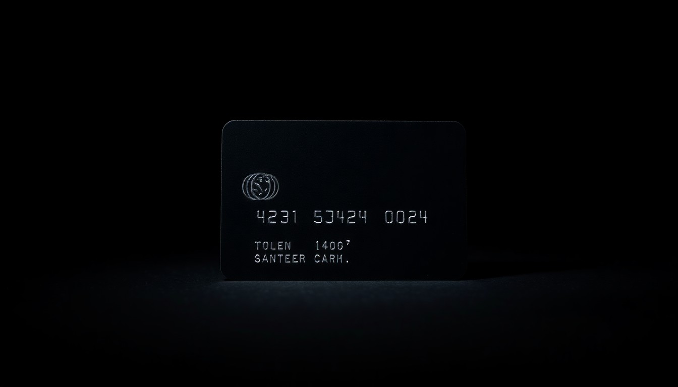 An extreme close-up photograph of a credit card with a reflective, metallic surface, capturing the dramatic lighting and stark contrast of the harsh flash against the dark background, conceptually representing the investigative nature of this financial crime case.
