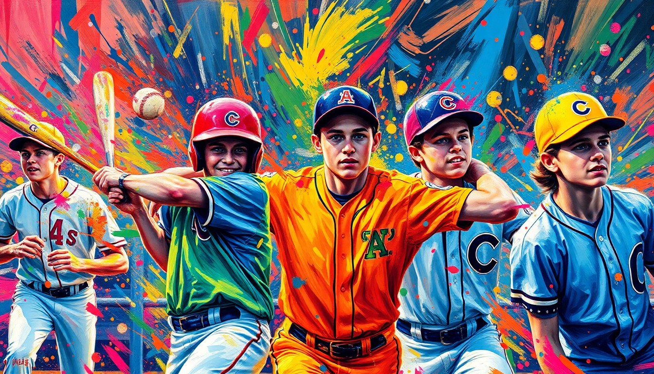 An abstract, expressionist painting in neon colors depicting the dynamic movement and energy of a high school baseball game, with players' forms dissolving into vibrant brushstrokes.