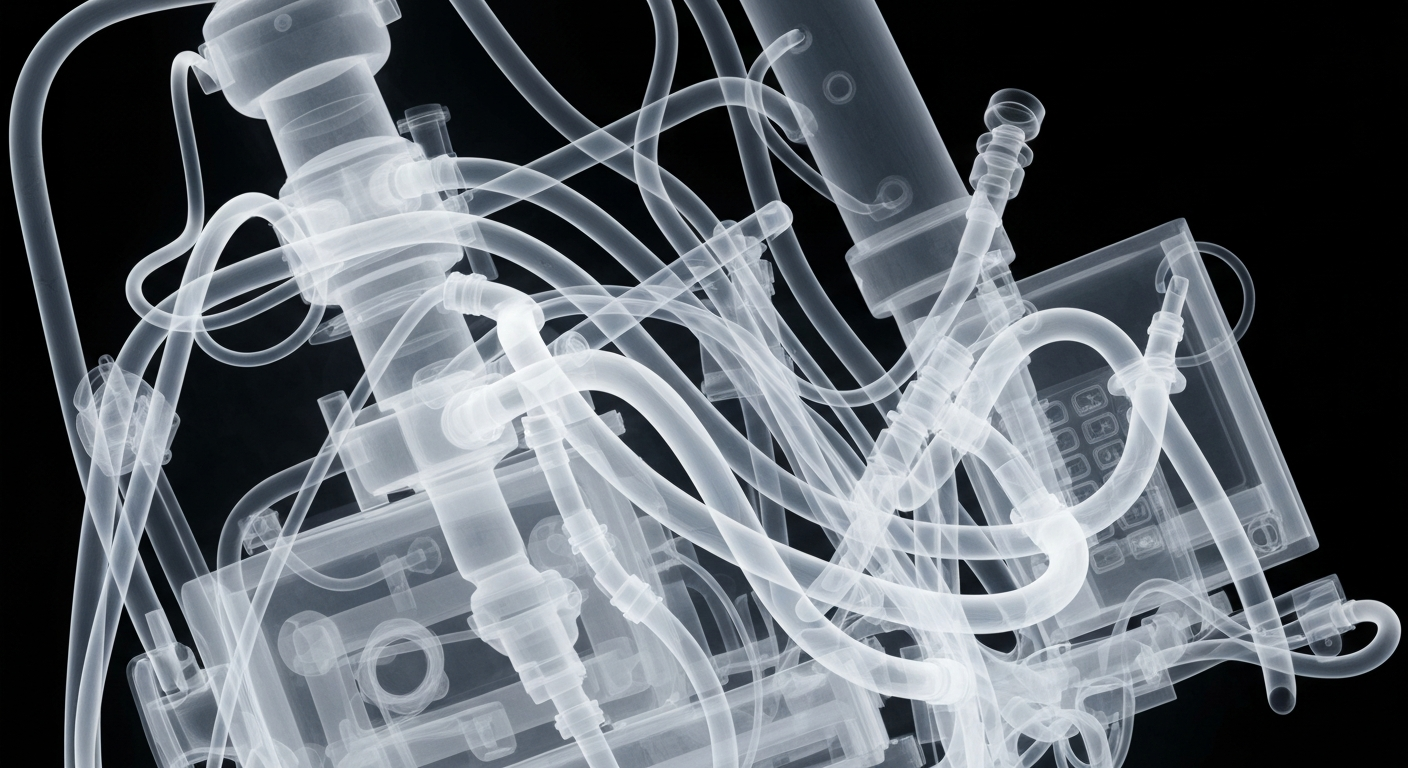 A ghostly, translucent X-ray image revealing the internal structures of medical equipment and tubes, conceptually illustrating the hidden infrastructure behind a remote intensive care unit.
