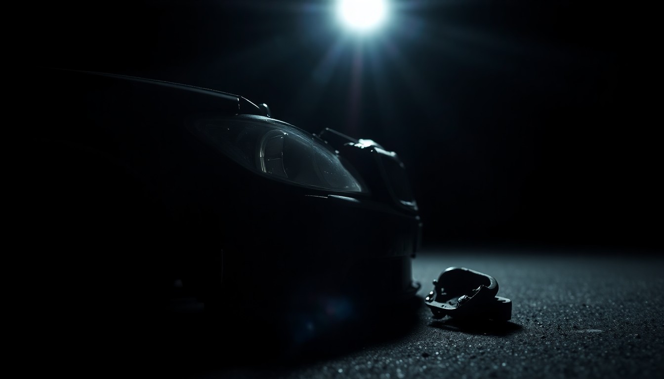 An extreme close-up photograph of a damaged car part or piece of physical evidence from the crime scene, lit by a harsh, direct camera flash against a pitch-black background, creating a stark, gritty, investigative aesthetic.