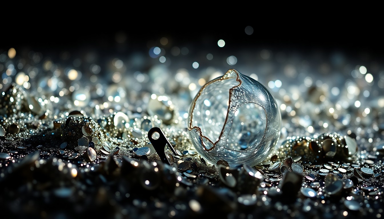 An abstract close-up image featuring a textured background of shimmering sequins and shattered glass, conveying a sense of high-energy entertainment and excitement.