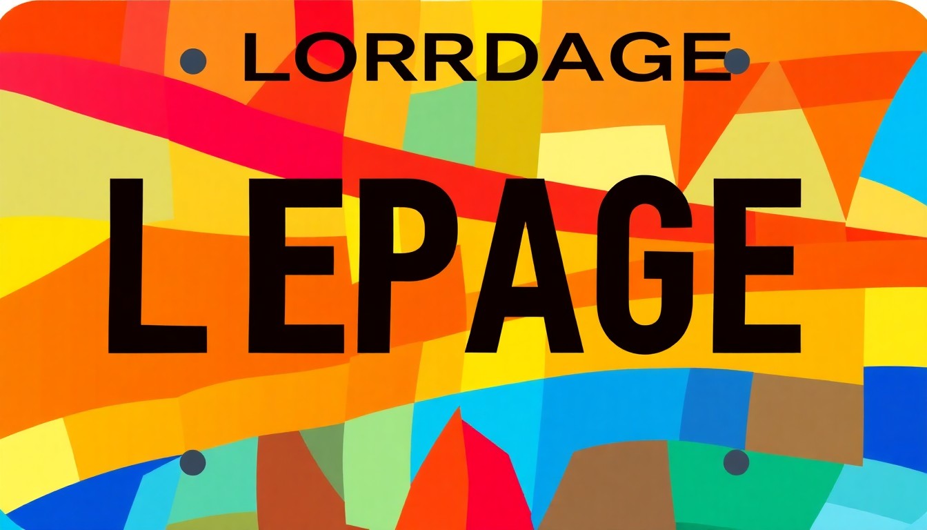 A vibrant, fragmented painting featuring a Florida license plate with the name 'LEPAGE' repeated in overlapping, geometric shapes and waves of tropical colors, conceptually illustrating the debate over LePage's residency.