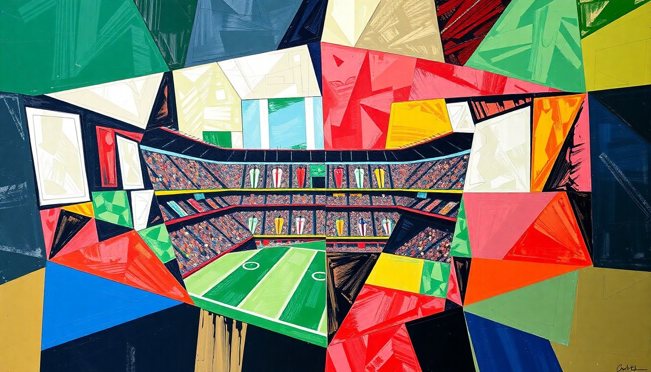 A fragmented, geometric painting depicting a Europa League soccer match, with overlapping planes of color and form representing the action on the field.