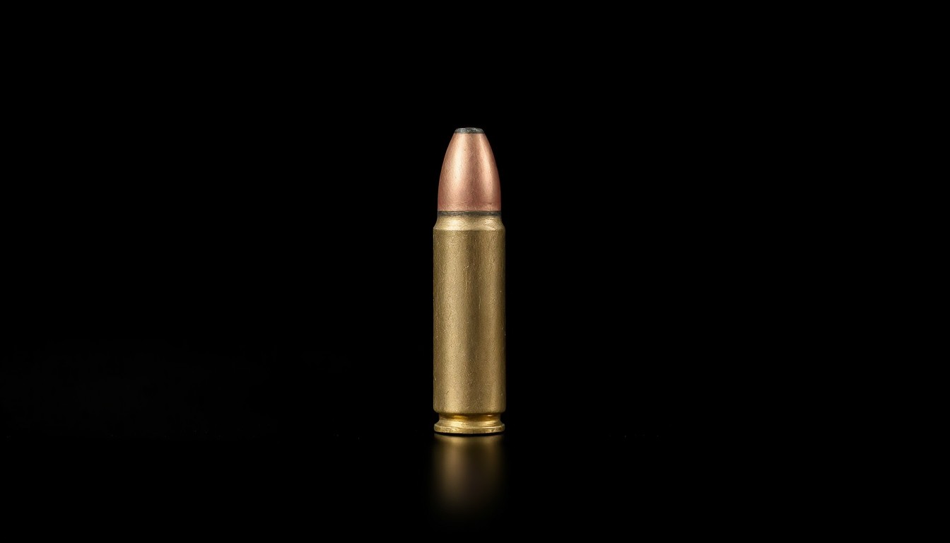 An extreme close-up of a single brass bullet casing, the harsh flash illuminating its textured surface against a stark black background, conceptually representing the forensic evidence at the center of the Leath investigations.